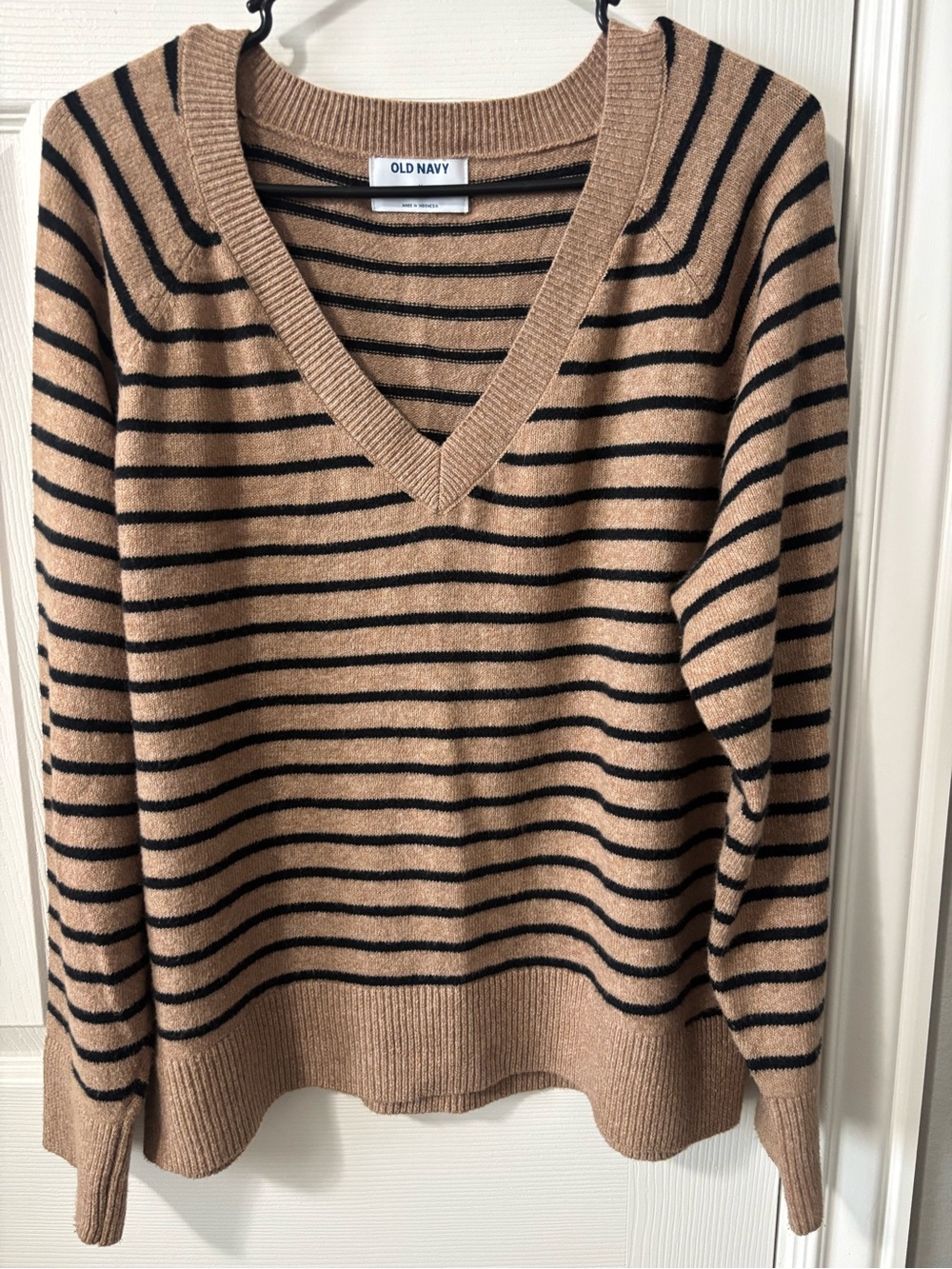 Old Navy Camel and Black Striped V-Neck Sweater